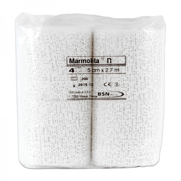 Pansement-plâtre Marmolite R 5 cm x 2,7 mètres (sac de quatre unités) Pansement-plâtre Marmolite R 5 cm x 2,7 mètres (sac de quatre unités)
